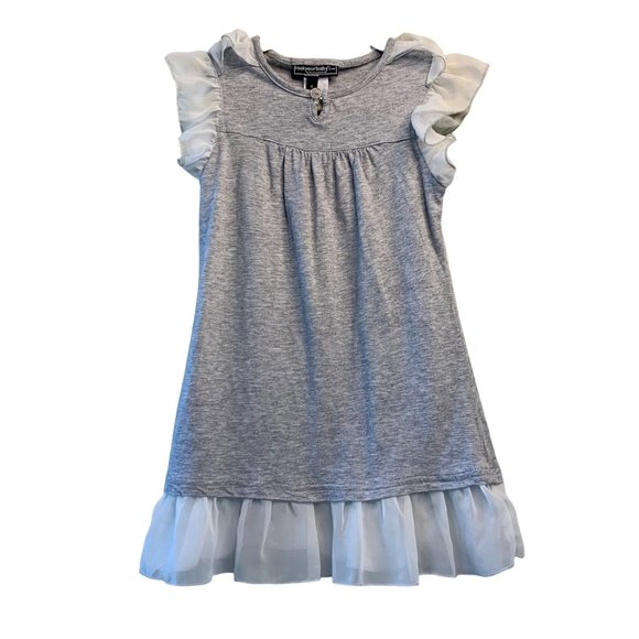 ROCK YOUR BABY Girls Gray Dress 4 4T 120 White Tulle Toddler Girl Flutter Sleeve - Picture 1 of 5